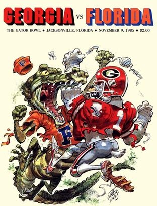 Classic cover art from legendary Cartoonist (& #UGA alum) Jack Davis. #Dawgs #Gators #wlocp Georgia Florida Game, Gator Football, Uga Football, Florida Poster, Uga Bulldogs, College Sport, Georgia Dawgs, Florida Football, Jack Davis