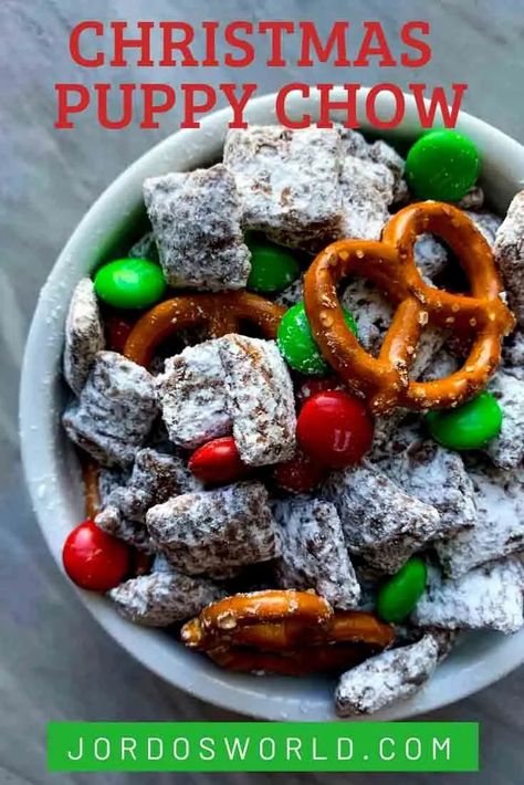 This Christmas Puppy Chow is sweet, salty, and absolutely delicious! This recipe is quick, easy, and a holiday treat everyone will love. Original Puppy Chow Recipe, Holiday Puppy Chow, Chex Mix Recipes Christmas, Christmas Puppy Chow, Christmas Chocolate Recipes, Holiday Breakfast Recipes, Puppy Chow Christmas, Reindeer Chow, Puppy Chow Chex Mix Recipe