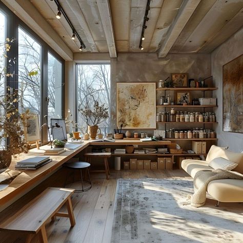 Shared Studio Space, Small Basement Art Studio, In House Art Studio, Home Ceramic Studio Work Spaces, Art Table Diy, Art Studio With Couch, Home Office For Creatives, Home Studio Interior Design, Art Studio In The Woods