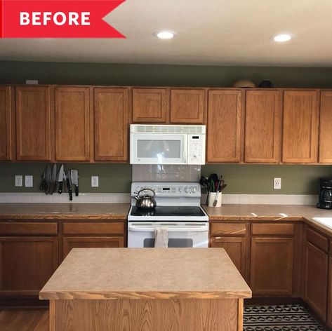 Before: Kitchen with brown cabinets, white appliances, and wooden island in center 2000s Kitchen, Dark Oak Cabinets, Builder Grade Kitchen, Condo Renovation, Brown Kitchen Cabinets, Brown Cabinets, White Appliances, White Backsplash, Builder Grade