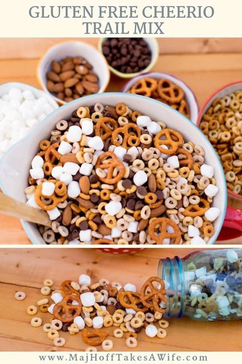 Gluten Free Cheerios Trail Mix is a perfect on the go snack. This easy recipe features gluten free pretzels, marshmallows and nuts. Enjoy your favorite childhood cereal in a whole new way! Cheerio Trail Mix Recipe, Cheerios Snack Mix, Cheerios Snacks, Nut Free Snacks, Gluten Free Pretzels, Paleo Snack, Trail Mix Recipes, Healthy Eating Snacks, Gluten Free Kids