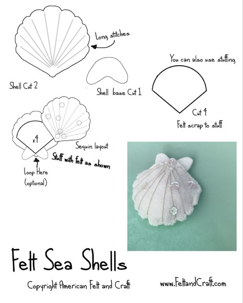 DIY Felt seashell- pattern toy & ornament | ~American Felt & Craft ~ Blog Seashell Felt Pattern, Felt Shell Pattern, Felt Seashells Pattern, Mermaid Felt Patterns, Felt Sea Animals Pattern, Felt Ocean Animals Free Pattern, Felt Crab Pattern, Felt Sea Shells, Felt Jellyfish Pattern