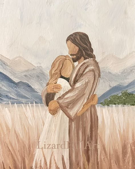 Jesus Hugging Blonde Girl, Jesus And Girl Illustration, Watercolor Jesus Painting, Christian Paintings Easy, Simple Christian Painting Ideas, Jesus Painting Ideas, Lds Pictures Of Jesus Christ, Jesus Holding Me, I Can Do All Things Through Christ