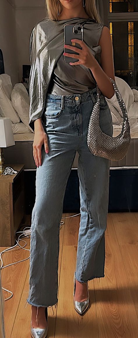 Silver Wedges Outfit, Prada Silver Slingback Outfit, Silver Heels Outfit Casual Chic, Metallic Silver Heels Outfits, Chrome Pumps Outfit, Scandi Going Out Style, Silver Shoes And Bag Outfit, Pointed Loafers Outfit, Silver Mules Outfit