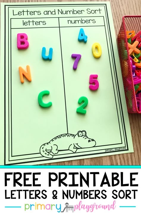 Free Printable Letters and Numbers Sort - Primary Playground Phonemic Awareness Preschool, Independent Centers Kindergarten, Rainbow In A Jar, Prek Literacy, Spring Science, Math Worksheets For Kids, Prek Classroom, Science Fair Project, Number Identification