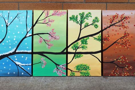 4 Seasons Canvas Painting, 4 Seasons Drawing Ideas, Four Seasons Tree Drawing, 4 Season Tree Painting, Seasons Drawing Ideas, Four Seasons Painting Easy, Season Art For Kids, 4 Seasons Tree Painting, Seasons Canvas Painting