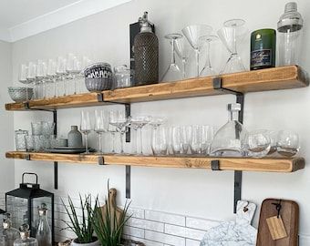 Diy Bar Shelf Ideas, Diy Bar Shelves, Bar Shelf Ideas, Shelves Industrial, Industrial Floating Shelves, Rustic Wood Floating Shelves, Wood Wall Bathroom, Wooden Floating Shelves, Rustic Floating Shelves