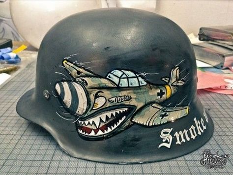 custom paint aircraft on german motorcycle helmet Custom Motorcycle Helmets Paint, Custom Painted Motorcycle Helmets, Painted Motorcycle Helmets, Vintage Motorcycle Helmets, Diy Motorcycle Helmet Painting, German Motorcycle, Simson Moped, German Motorcycle Helmet, Skull Motorcycle Helmet