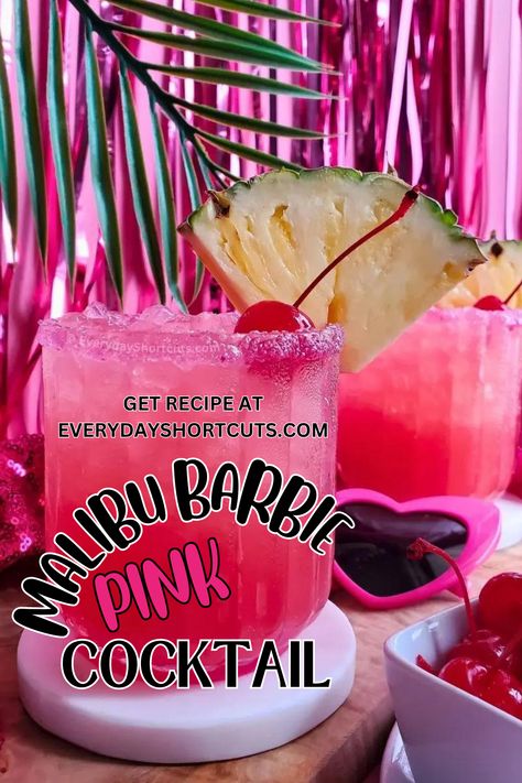 pink cocktail in a glass garnished with a pineapple wedge and cherry Pink Drink With Malibu Rum, Simple Pink Alcoholic Drinks, Pink Scooby Snack Drink, 21st Birthday Ideas At The Beach, Barbie Birthday Dinner, Barbie Frat Party, Barbie Birthday Party 22, Barbie Theme Beach Party, Girly Mixed Drinks Easy