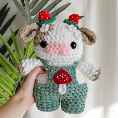 Crochet Patterns Chenille Yarn, Crochet Cow Patterns Free, Crochet Strawberry Animals, Bernat Blanket Amigurumi, Strawberry Cow Crochet Pattern Free, Chenille Amigurumi Free Pattern, Crochet Peach Pattern Free, Mushroom Cow Crochet, Free Crochet Mushroom Pattern