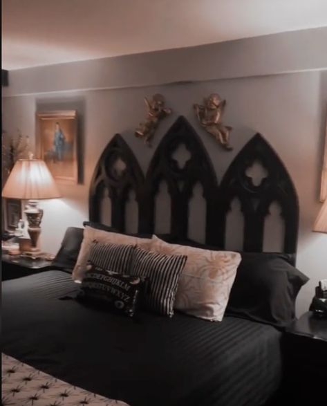 Cathedral Headboard, Diy Gothic Headboard, Goth Headboard, Gothic Victorian Bedroom, Gothic Headboard, Gothic Bed Frame, Goth Bedrooms, Decent Bed Design, Modern Goth Home