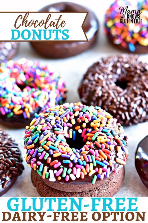 An easy recipe for gluten-free chocolate cake donuts that are soft, cakey and covered in a rich chocolate glaze. These gluten-free donuts are perfect for breakfast, dessert or as a special treat. The recipe also includes a dairy-free option. Doughnuts Baked, Donuts With Sprinkles, Vegan Doughnuts, Cake Donuts Recipe, Baked Donut, Homemade Donuts Recipe, Baked Donut Recipes, Gluten Free Chocolate Cake, Mini Bundt