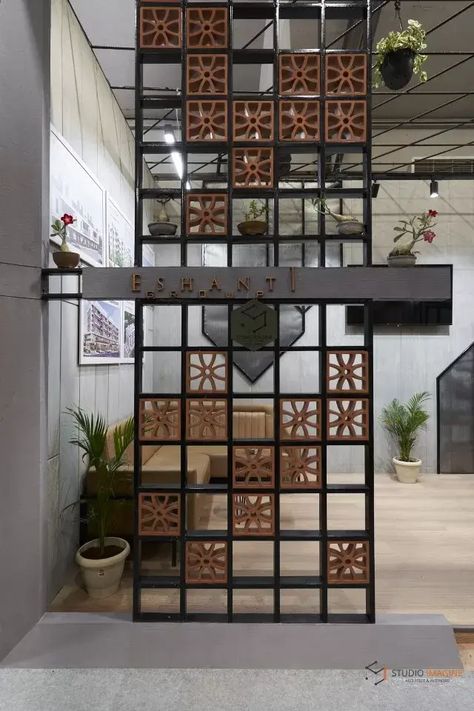 Stall Design For Credai Property Show 2023 In Vadodara | Studio Imagine - The Architects Diary Partition Designs, Grill Door Design, Pooja Room Door, The Architects Diary, Stall Design, Geometric Floor, Ceramic Furniture, Ganpati Decoration Design, Pooja Room Door Design