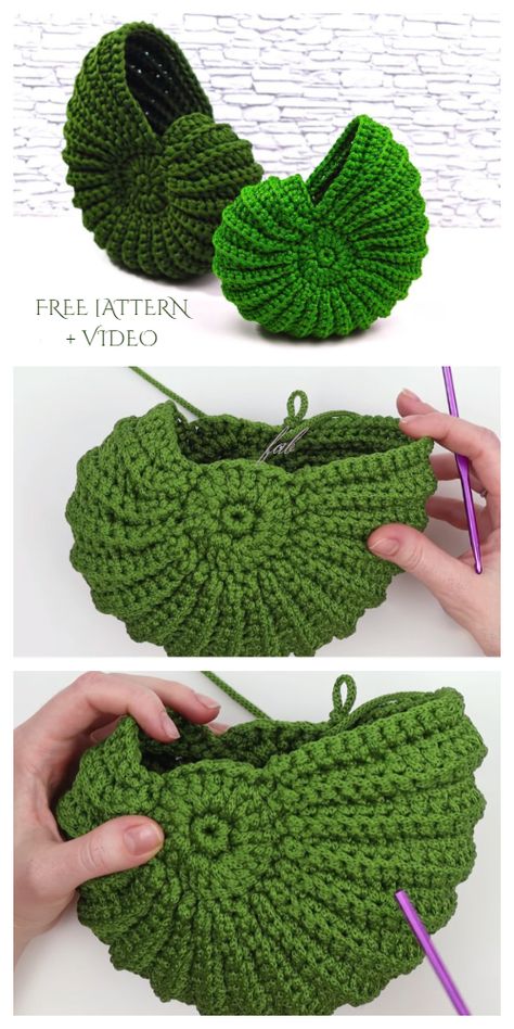 Spiral Shell Free Crochet Patterns + Video - DIY Magazine Shell Spiral, Spiral Crochet, Crochet Free Patterns, Crochet Basket Pattern Free, Spiral Shell, Easy Knitting Projects, Diy Magazine, Crochet Diy, Crochet Stitch