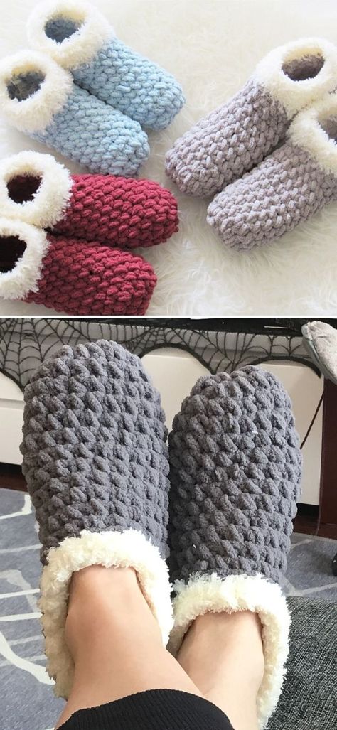 Cute And Comfy Crochet Home Slippers. These amazing slippers in the pictures below were made by CrochetDreamz and you can literally make them in 1,5 hour or even less (depending on how fast you crochet). They will fit a woman's Size 5 to 12 ( US Shoe Sizes).Remember to play with the colors! #freecrochetpattern #slippers #socks Thick Crochet Socks Pattern, Best Slipper Socks, Crochet Slippers Thick Yarn, Blanket Yarn Slippers Crochet, Crochet Slippers With Blanket Yarn, Crochet Winter Slippers, 1 Hour Crochet Slippers Free Pattern, Crochet Bedroom Slippers, Slippers Pattern Crochet