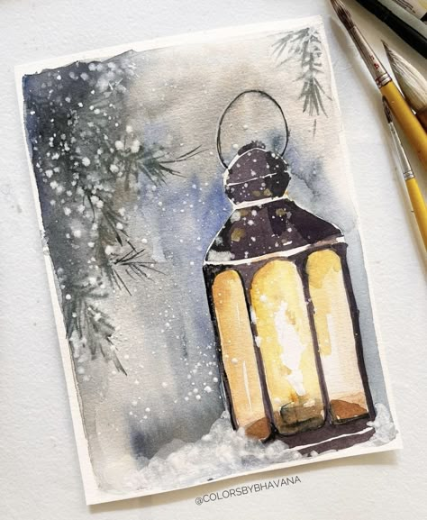 Winter Scene Watercolor, Lantern In The Dark, Christmas Watercolor Ideas, Night Watercolor, Night Scenes, Watercolor Video, Watercolor Art Paintings, Winter Watercolor, Winter Illustration