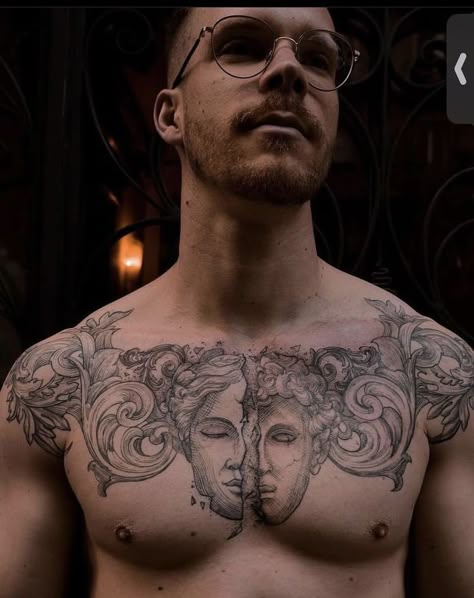 Greek Chest Tattoo Men, Greek Mythology Tattoos Chest, Chest Peices Tattoos For Men, Greek Chest Tattoo, Realism Chest Tattoo, Pec Tattoo Men, Chest Piece Tattoo Men Design, Male Chest Tattoos, Venus Tattoo