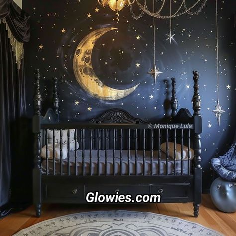 Dark Themed Nursery, Addams Family Nursery, Night Time Nursery Theme, Nursery Ideas Celestial, Halloween Themed Nursery, Night Court Nursery, Alt Baby Nursery, Nursery Ideas Goth, Dark Cottagecore Nursery