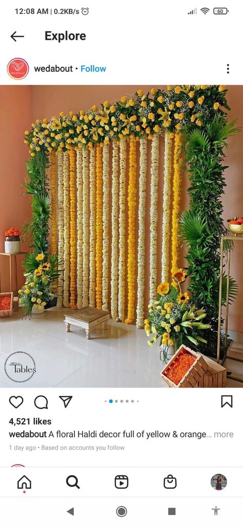 Half Saree Function Decoration, Saree Function Decoration, Mehndi Backdrop, Leaf Decor Wedding, Saree Ceremony, Haldi Decoration Ideas, Haldi Decoration, Saree Function, Reception Stage Decor