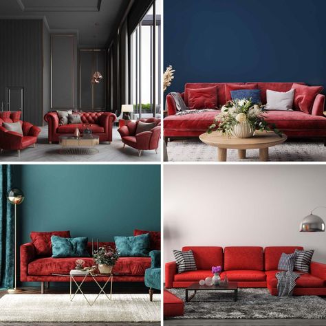 different room designs with red couch Red Couch Wall Color, Red Couch Living Room Ideas Rustic, Decor With Red Couch, Red Couch Interior Design, Red Sofa Living Room Color Schemes Leather Couches, Living Rooms With Red Couches, Red And Blue Living Room Decor, Living Room Designs Red Couch, Red Sofa Interior