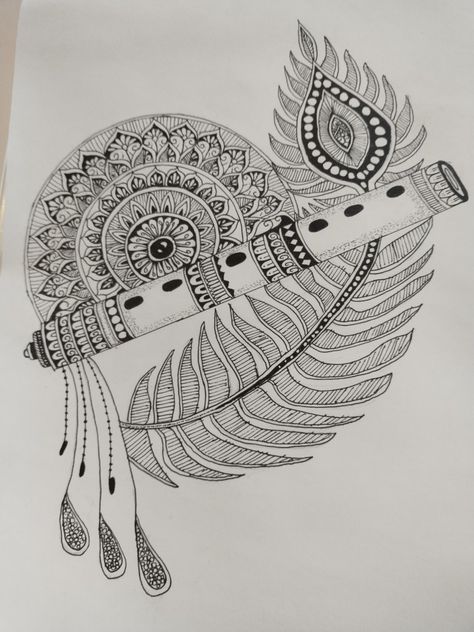 This is a mandala art of ShriKrishna's flute, with a peacock feather. 💙 Drawing Of Peacock Feather, Drawing Peacock Feathers, Morpankh Drawing, Peacock Drawing Mandala, Peacock Feathers Drawing, Flute Mandala Art, Mor Pankh Background, Peacock Mandala Art, Peacock Feather Drawing