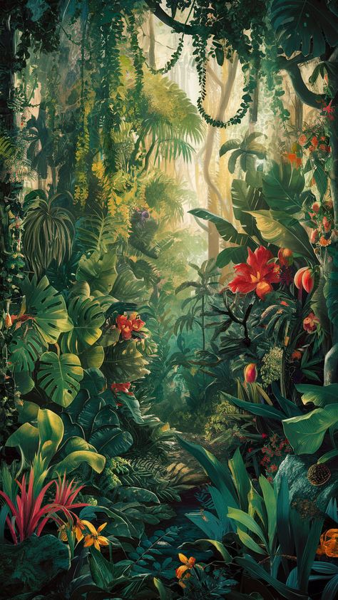 Immerse yourself in a lush rainforest scene bursting with exotic plants and tropical colors. Sunlight dances through the canopy, illuminating oversized flora and hidden creatures, creating a whimsical atmosphere. This Impressionist-inspired jungle wallpaper invites tranquility and wonder, perfect for nature lovers and dreamers. Experience the beauty of nature with every glance. #junglewallpaper #rainforestart #tropicaldecor Enchanted Jungle, Rainforest Flowers, Rainforest Project, Jungle Aesthetic, Lush Jungle, Jungle Flowers, Nature Collage, Jungle Art, Mystical Forest