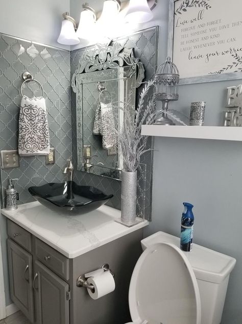 Grey Glam Bathroom Ideas, Black Grey Bathroom Decor, Bling Bathroom Ideas Glam, Black And Silver Bathroom Decor, Boujee Bathroom Decor, Glam Half Bathroom Ideas, Small Glam Bathrooms, Chic Bathroom Decor Glam, Silver Bathroom Decor Ideas