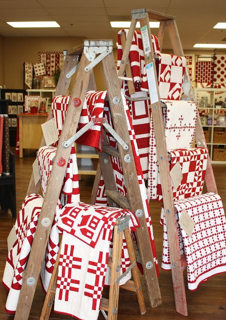 Temecula Quilt Company: Red and White Quilt Show We had a great time last ... Quilt Shop Displays, Wooden Ladders, Quilt Ladder, Store Display Ideas, Quilt Display, Two Color Quilts, Craft Fairs Booth, Red And White Quilts, Quilt Rack