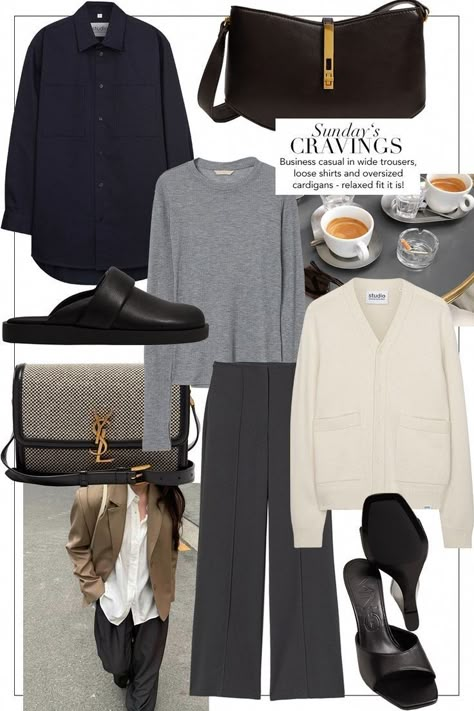 Grey Longsleeves Outfit, Oversize Knit Cardigan, Minimalist Fall Outfit, Longsleeves Outfit, Bag Saint Laurent, Oversized Knit Cardigan, Power Dressing, Grey Trousers, Oversize Knit