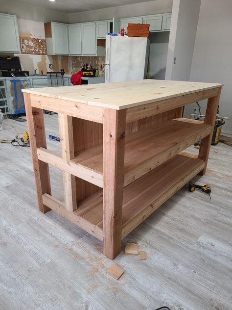 Simple Diy Kitchen Island, Kitchen Island Homemade, Diy Kitchen Work Table, Build An Island For Kitchen, Cedar Kitchen Island, Kitchen Island Furniture Piece, Diy Island Table, Kitchen Island Dining Table Combo Small Spaces, Diy Island With Seating