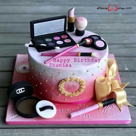 Lovely Chanel Birthday Name Cake - eNameWishes Torturi Baby Shower, Birthday Cakes Girls Kids, Makeup Birthday Cakes, Write Name On Cake, Birthday Cake Write Name, Makeup Birthday, Makeup Cake, Birthday Cake Writing, Butterfly Birthday Cakes