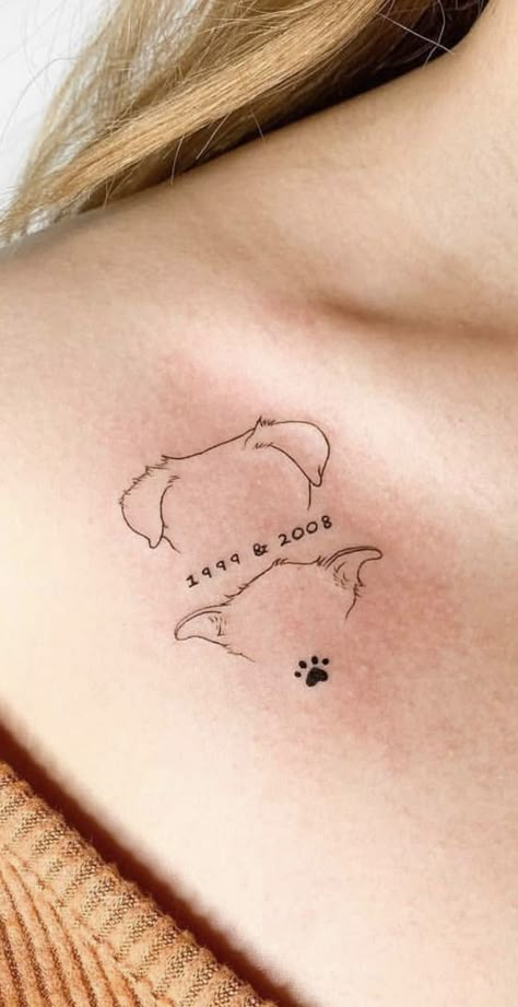 Dainty Places For Tattoos, Simple Tattoos For Your Dog, Tattoo Ideas Female Meaningful Dog, Tattoos Dogs Minimalist, Two Dog Tattoo Ideas Minimalist, Personalized Dog Tattoo, Tattoo Ideas For Dogs Simple, Fine Line Dog Ear Tattoo, 2 Dog Tattoo Ideas