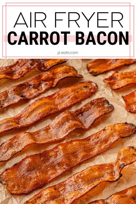 Air Fryer Carrot Bacon is a delicious and healthy alternative to the classic breakfast meat! Compatible with vegan and vegetarian diets, this nutritious twist is so easy to fry up extra crispy in your air fryer! Airfryer Veggies, Carrot Bacon Recipe, Airfryer Ideas, Vegan Airfryer, Carrot Bacon, Vegan Meat Recipe, Breakfast Meat, Vegetarian Diets, Air Fryer Cooking