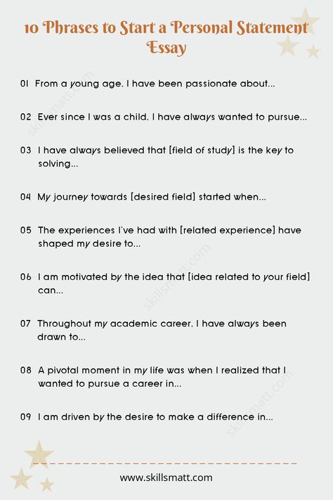 Start your personal statement essay with one of these engaging phrases to capture the reader's attention.,
Need help with your essays/ paper? I offer professional writing services to boost your success. Visit our website for personalized assistance! College Personal Statement, Essay Starters, Personal Statement Examples, Applying To College, College Essay Examples, Personal Statements, College Admission Essay, Best Essay Writing Service, Essay Tips