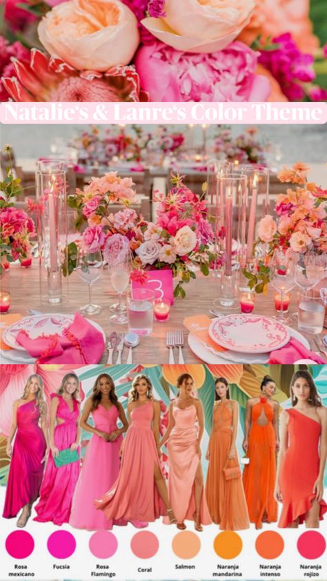 Pink Orange Red Bridesmaids, Pink And Orange Wedding Palette, Pink Coral Bridesmaid Dresses, Bright Color Wedding Theme Bridesmaid Dresses, Hot Pink And Orange Wedding Theme, Pink Sunset Wedding Theme, Vibrant Beach Wedding, Pink And Orange Theme Wedding, Sunset Bridal Party