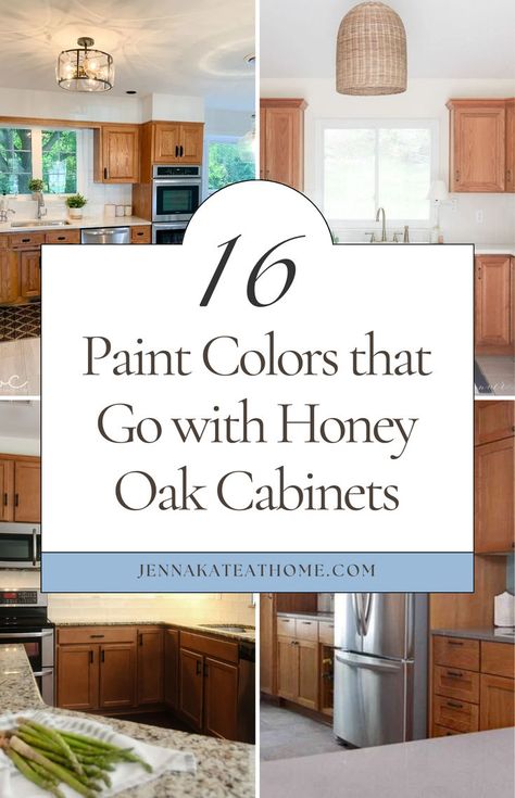 Looking for paint colors that go with honey oak? Whether it's for trim, wood, or cabinets, here are the best paint colors to go with honey oak cabinets. If you're updating an oak kitchen, discover what color to paint kitchen walls with honey oak cabinets and find the perfect wall paint colors to complement oak cabinets in your home. Paint Kitchen Walls, Painting Honey Oak Cabinets, Oak Kitchen Cabinets Wall Color, Updating Oak Cabinets, Honey Oak Trim, Oak Bathroom Cabinets, Oak Wood Trim, Best Kitchen Colors, Honey Oak Cabinets