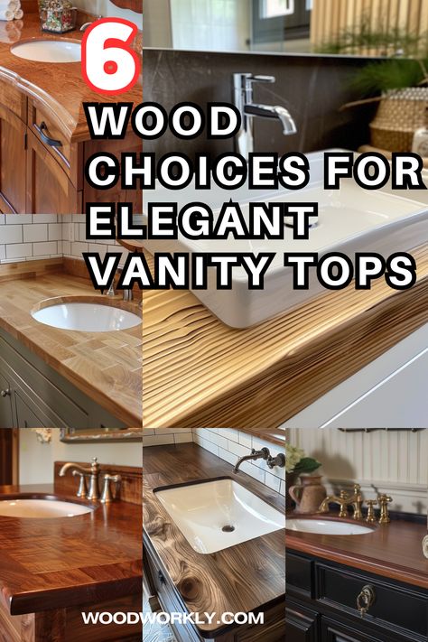 Explore the best wood choices for creating elegant vanity tops! Discover wood species that offer durability, beauty, and functionality for your bathroom. Perfect for DIY projects and home renovations!  #VanityTops #WoodChoices #BathroomRenovation #DIYProjects #Woodworking Bathroom Vanity Top Makeover, Wood In The Bathroom, Wood Top Bathroom Vanity, Diy Vanity Top, Wood Counter Bathroom, Diy Wood Vanity, Butcher Block Bathroom Vanity, Vanity Top Ideas, Vanity Tops Bathroom