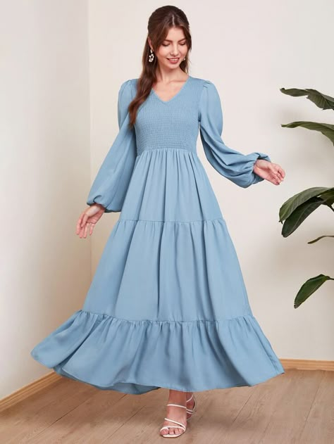 Double V Neck Shirred Bodice Lantern Sleeve Dress | SHEIN USA Shein Dress Party, Girls Skirts, Long Dress Design, 2024 Design, Lantern Sleeve Dress, Muslim Fashion Dress, Steal The Spotlight, Muslim Fashion Outfits, Maxi Gown