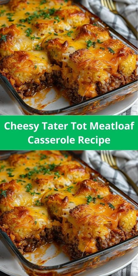 Easy cheesy tater tot meatloaf casserole - a delicious and hearty family meal! Casserole Tater Tots, Tater Tot Meatloaf, Beef Tater Tot Casserole, Cheesy Tater Tot Casserole, Tot Recipes, Easy Ground Beef Dinner, Cheesy Meatloaf, Cheesy Tater Tots, Meatloaf Casserole