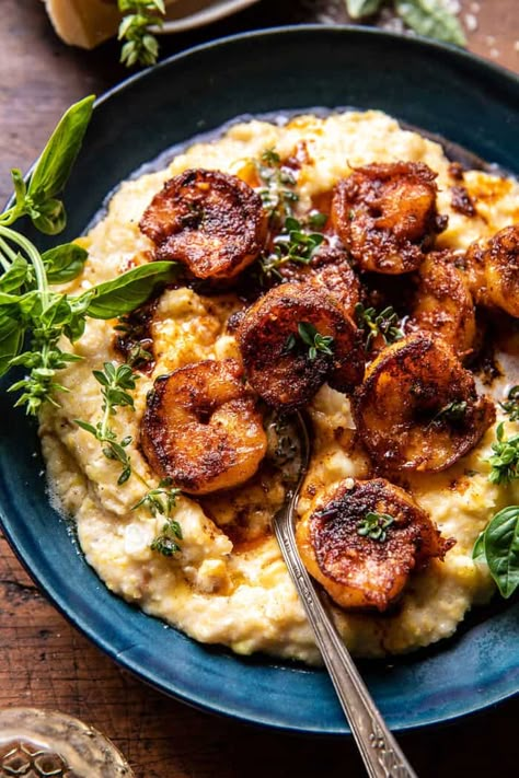 Spicy Garlic Lemon Butter Shrimp, Parmesan Corn, Shrimp And Polenta, Corn Polenta, Lemon Butter Shrimp, Entertaining Meals, Half Baked Harvest Recipes, Polenta Recipes, Recipes Shrimp