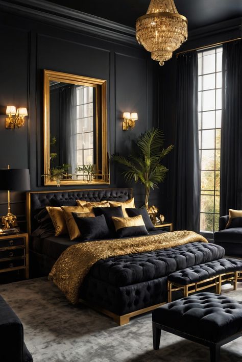 Dark Cozy Bedroom Ideas Apartment, Gothic Apartment Aesthetic, Master Bedrooms Decor Dark, Black Comforter Bedroom, Black Bedroom Furniture Decor Ideas, Spiritual Rooms, Black And Gold Bedroom, Grey And Gold Bedroom, Black Gold Bedroom