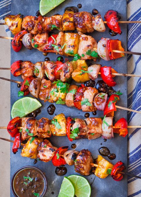 Hawaiian Pork Kebabs - Tatyanas Everyday Food Hawaiian Pork Skewers, Hawaiian Teriyaki Sauce, Kabobs With Pineapple, Pineapple Teriyaki Sauce, Hawaiian Teriyaki Chicken, Garlic Lamb Chops, Teriyaki Pork Tenderloin, Hawaiian Pork, Pineapple Teriyaki