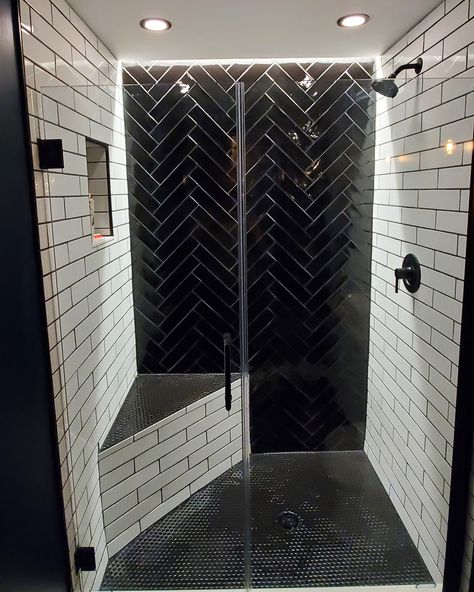 Black Herringbone Shower Tile, Black Herringbone Tile Bathroom, Black Tile Bathroom, Black Tile Bathroom Floor, Herringbone Shower, Herringbone Subway Tile, White Subway Tile Shower, Bloomfield Homes, Tile Bathroom Floor