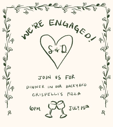 Hand-drawn engagement dinner invite by me! #invitation #engagement #dinnerparty #invite Engagement Party Stationary, Engagement Party Fun Ideas, Engagement Dinner Invitations, Engagement Party Invite Ideas, Aesthetic Engagement Party, Elopement Dinner Party, Engagment Annoucment, Engagment Invites Cards, Hand Drawn Invitations