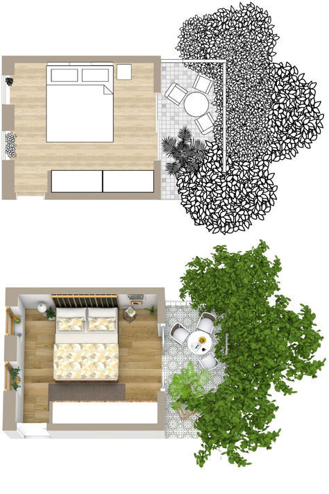 A 2D and 3D small bedroom floor plan with balcony. Bedroom Attached Balcony, Bedroom Layout With Balcony, Sage Green Ceiling, Small Bedroom With Balcony, Small Bedroom Balcony, Clean White Walls, Green Ceiling, Bedroom Layout Design, Cleaning White Walls