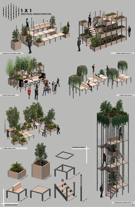 1x1 Industrial Urban Furniture | Prototyping Project Gathering Space Architecture, Urban Spaces Design, 3d Grid, Urban Furniture Design, New Urbanism, Urban Design Concept, Pocket Park, University Architecture, Urban Landscape Design