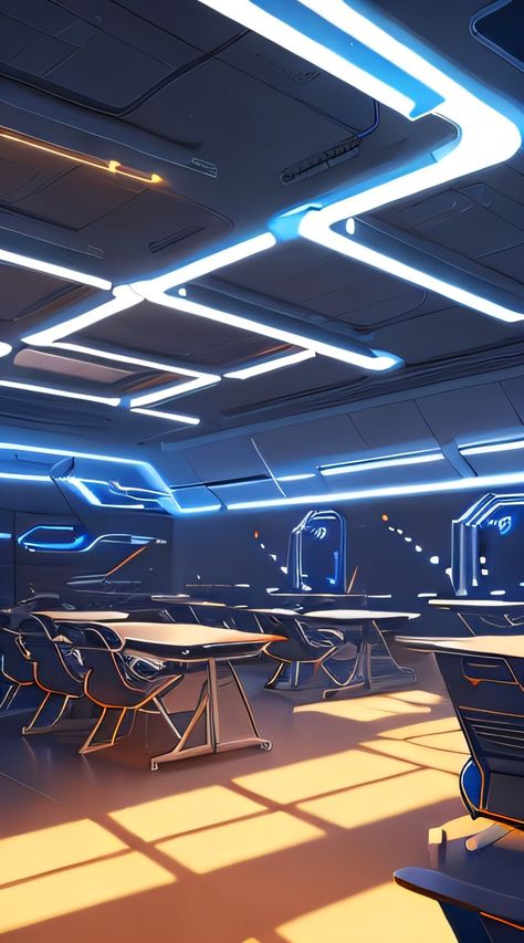 Sci Fi Classroom, Scifi Library, Sci Fi School, Ceo Cabin, Aphrodisiac Art, Futuristic Classroom, Kindergarten Classroom Design, Futuristic School, Dark Academia School