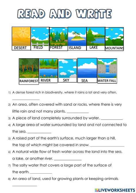 Geography Vocabulary Worksheet, Geographical Features Worksheet, Landscape Vocabulary, Nature Worksheets, Nature Worksheet, Landforms Worksheet, Create Worksheets, Geography Vocabulary, Earth Science Lessons