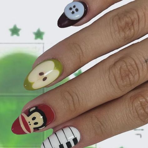 Gatito B on Instagram: "Paul frank summer ?🎹🍀" Funky Nail Art Almond, Summer Alt Nails, Enya Umanzor Nails, Paul Frank Aesthetic, Paul Frank Nails, Uno Nails, Neapolitan Nails, Frank Ocean Nails, Domo Nails