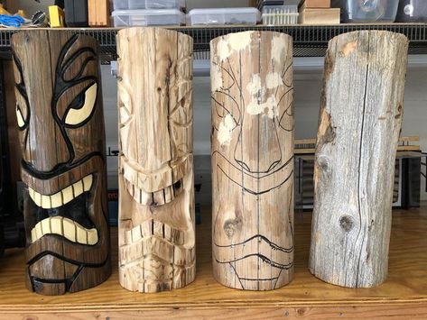 How To Carve A Totem Pole, Wooden Tiki Statue, Diy Tiki Statue, Outdoor Tiki Bar Decor, Tiki Statues Diy, Tiki Totem Diy, Diy Tiki Decorations, Chainsaw Carving Patterns, Tiki Carving